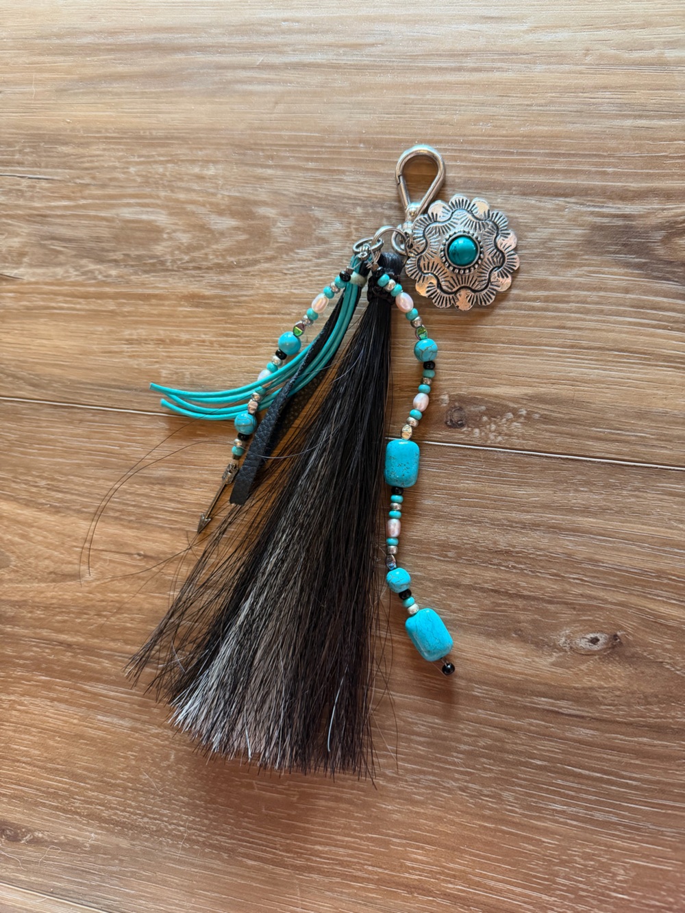 Horse Hair Turquoise Bead and Silver Floral Tassel Keychain